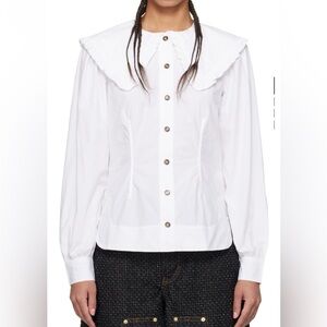 Ganni White Button-Down Shirt with Ruffled Collar